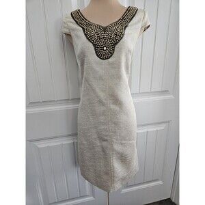 Adrianna Papell Gold And Beige Tweed Dress W/ Beaded Sweetheart Neckline Size 8